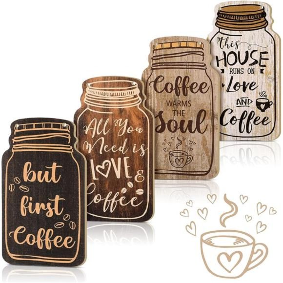 4 Pieces Wood Coffee Sign Decorative Rustic Wood Coffee Bar Sign Wall Hanging - Picture 1 of 6